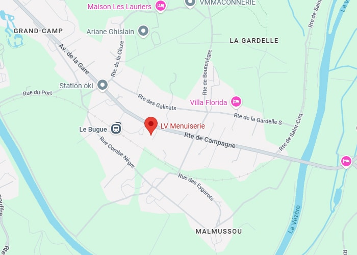 LV Menuiserie Le Bugue : Accès et Localisation sur carte. Carte détaillée de Grand-Camp et Le Bugue montrant la menuiserie LV Menuiserie sur la Route de Campagne près de La Gardelle et du fleuve La Vézère.