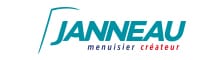Logo JANNEAU Menuisier Créateur Logo JANNEAU menuisier créateur. Texte cyan et bicolore, accompagné d'un symbole graphique de cadre d'ouverture sur fond blanc.