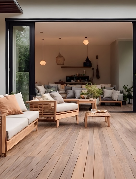 Mobilier de terrasse en bois : l'harmonie intérieur-extérieur. Grand salon d'extérieur en bois clair sur une terrasse, face à des portes coulissantes ouvertes sur un intérieur chaleureux et cosy.